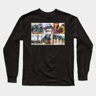 Steam Locomotive Watercolor Collage Long Sleeve T-Shirt